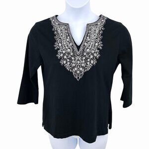 BOHO COLDWATER CREEK BLACK & WHITE EMBROIDERED V-NECK BOHO 3/4 SLEEVE TOP - M